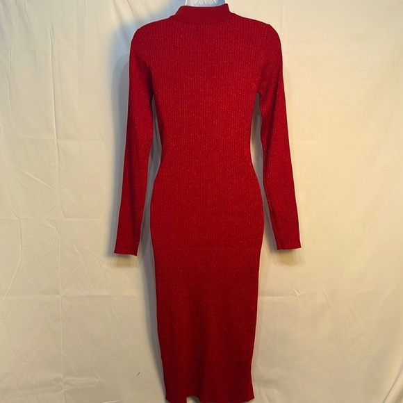 Say What Ribbed Cutout Long Sleeve Sweater Dress Midi - Red Metallic size L - Picture 4 of 8